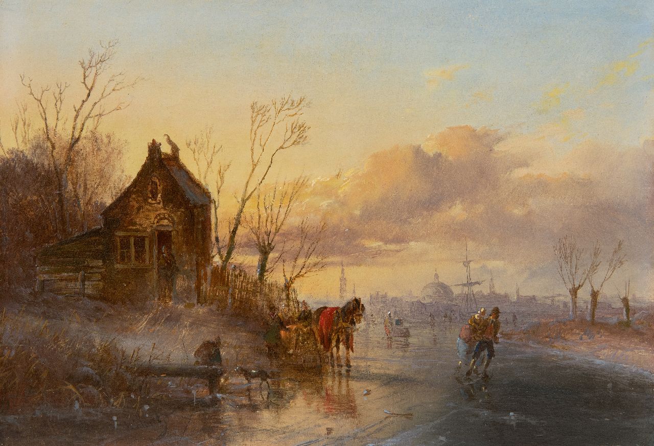 Morel II J.E.  | Jan Evert Morel II, Winterlandschaft mit Skatern, eine Stadt in der Ferne, Öl auf Holz 20,2 x 28,5 cm, Unterzeichnet u.l.