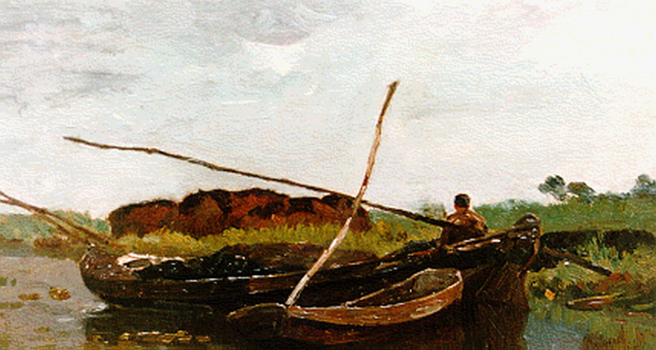 Gabriel P.J.C.  | Paul Joseph Constantin 'Constan(t)' Gabriel, A flatboat in a polder landscape, Öl auf Leinwand auf Holz 18,5 x 32,0 cm, signed l.r.