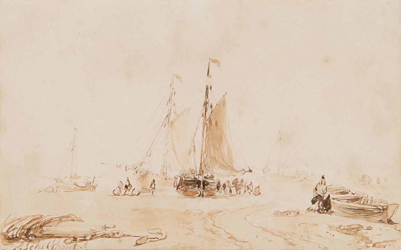 Schelfhout A.  | Andreas Schelfhout, Fischer und Bomschiffe am Strand, Sepia auf Papier 9,0 x 14,0 cm, signed l.l.
