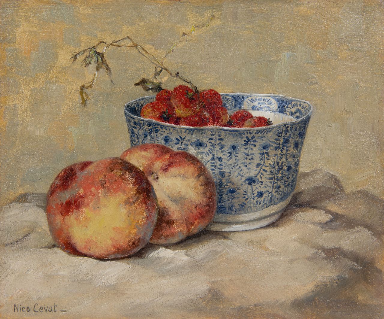 Nico Cevat | Stillleben mit Pfirsichen und Erdbeeren, Öl auf Holz, 23,4 x 28,0 cm, Unterzeichnet u.l.