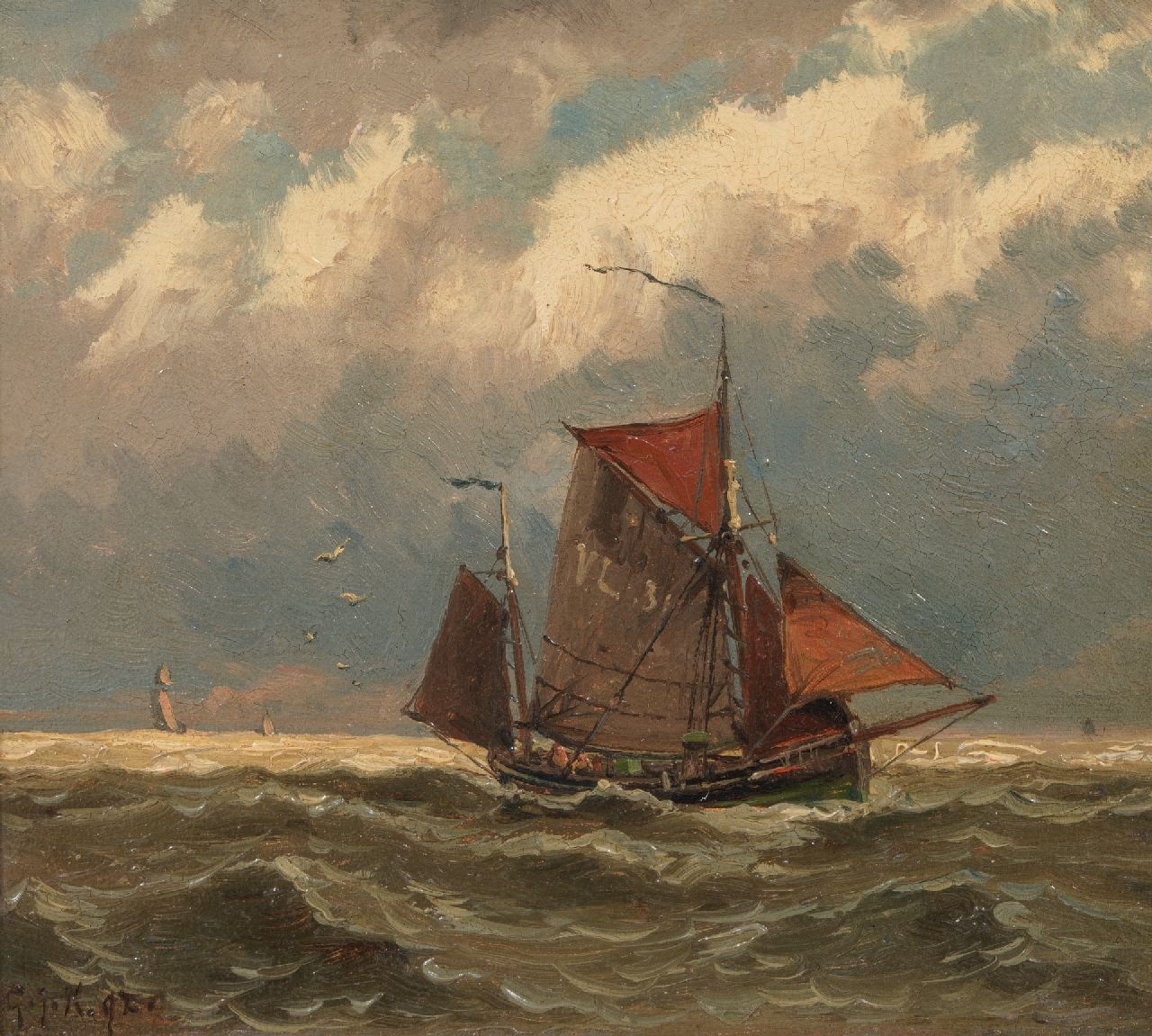 Koekkoek G.J.  | Gerardus Johannes 'Gerard' Koekkoek, Fischerboot auf hoher See, Öl auf Holz 14,6 x 16,9 cm, Unterzeichnet u.l. mit Initialen und datiert '92