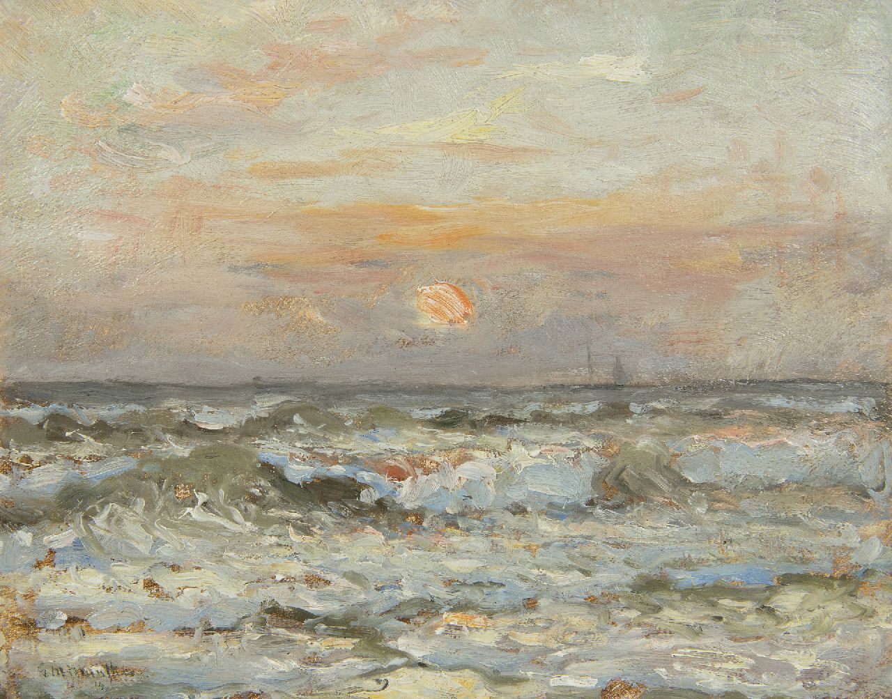 Munthe G.A.L.  | Gerhard Arij Ludwig 'Morgenstjerne' Munthe, Meereslandschaft mit untergehender Sonne, Öl auf Leinwand auf Holz 24,4 x 30,4 cm, Unterzeichnet u.l. und datiert '14