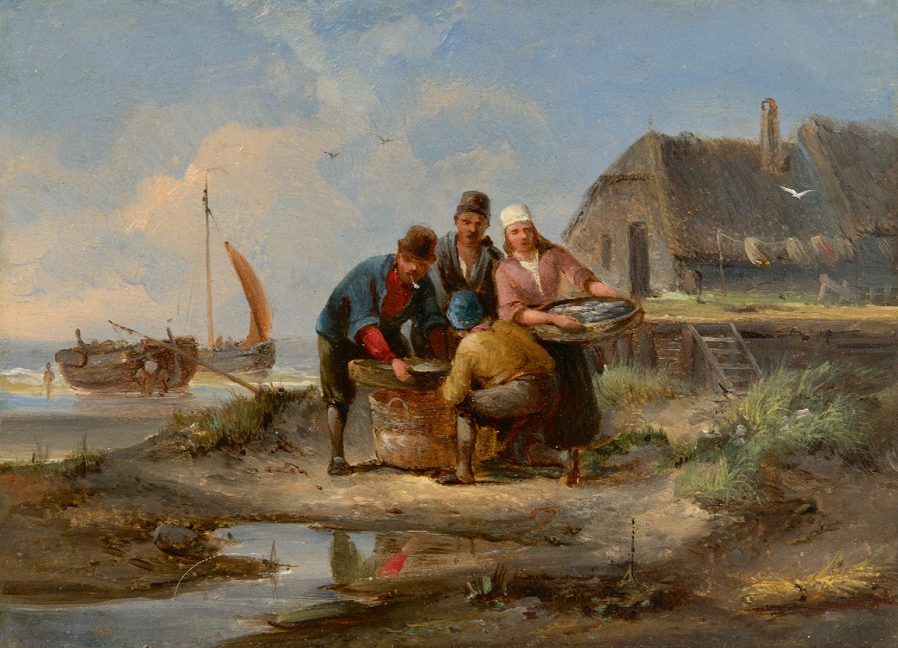 Dommershuijzen P.C.  | Pieter Cornelis Dommershuijzen | Gemälde zum Verkauf angeboten | Fischmarkt beim Meer, Marken, Öl auf Holz 17,0 x 23,2 cm, ohne Rahmen