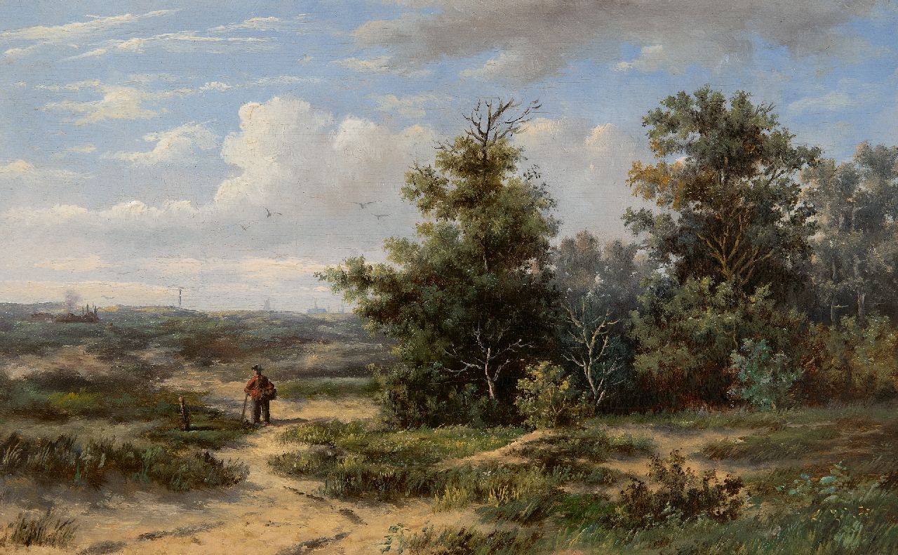 Wijngaerdt A.J. van | Anthonie Jacobus van Wijngaerdt, Niederländische Dünenlandschaft mit Haarlem in der Ferne, Öl auf Holz 18,9 x 30,4 cm