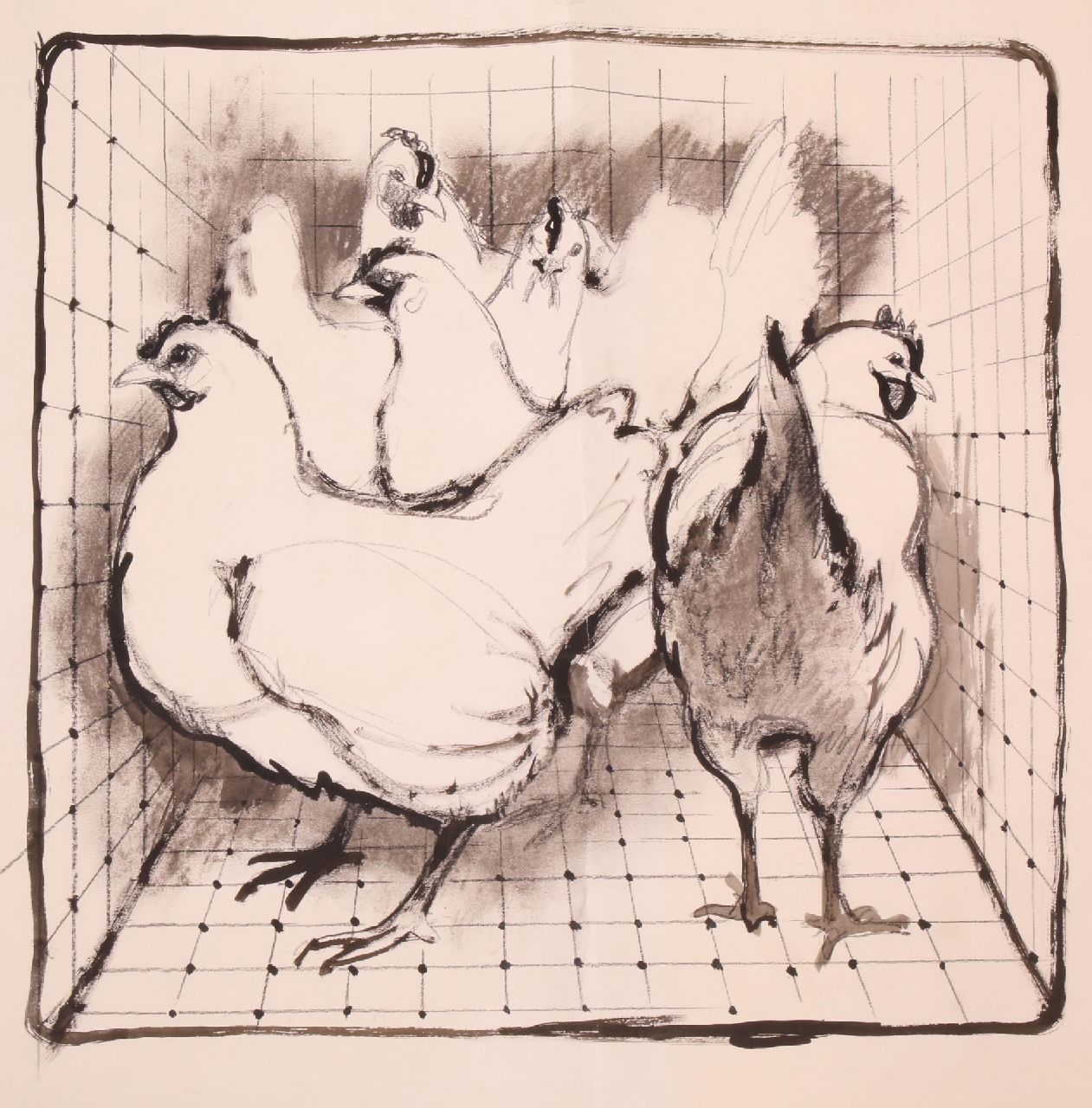 Poortvliet R.  | Rien Poortvliet | Aquarelle und Zeichnungen zum Verkauf angeboten | Hühner im Auslauf, Holzkohle und Tinte auf Papier 49,4 x 64,8 cm