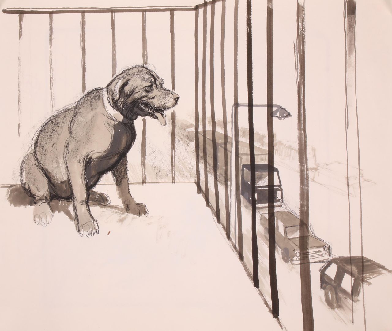 Poortvliet R.  | Rien Poortvliet | Aquarelle und Zeichnungen zum Verkauf angeboten | Der Hund beobachtet den Verkehr, Holzkohle und Tinte auf Papier 50,0 x 64,8 cm