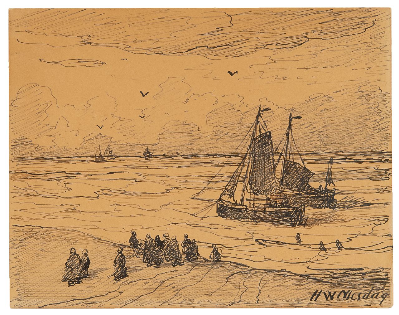 Mesdag H.W.  | Hendrik Willem Mesdag, Fischerboote in der Brandung, Scheveningen, Feder und Tinte auf Papier 11,4 x 14,5 cm, Unterzeichnet u.r. und datiert im Verso 3 Nov 1894