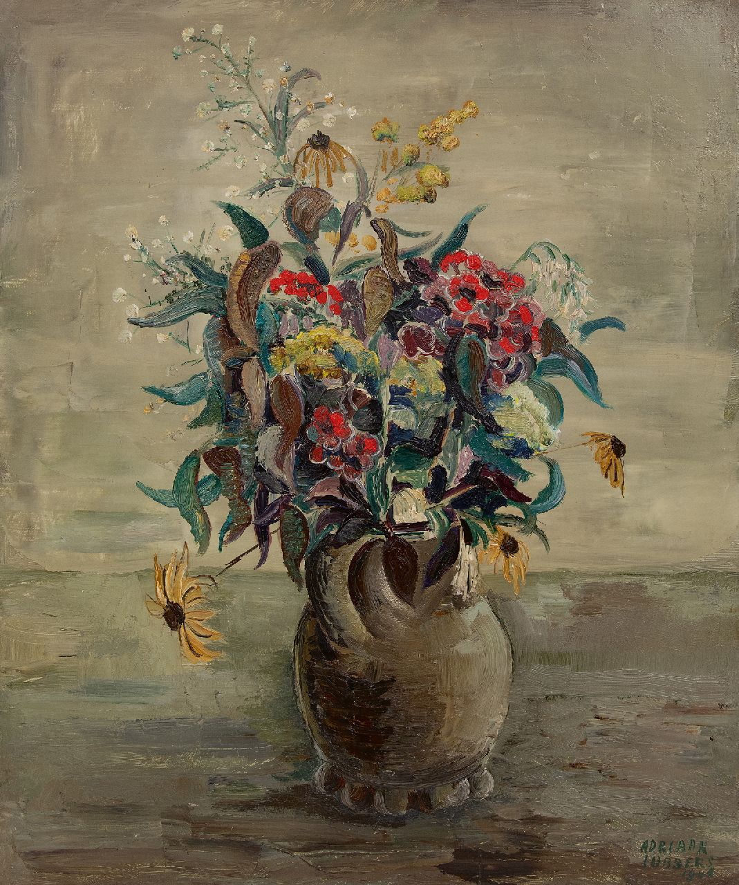Lubbers A.  | Adriaan Lubbers | Gemälde zum Verkauf angeboten | Blumenstillleben in einer Steingutvase, Öl auf Leinwand 60,0 x 50,3 cm, Unterzeichnet u.r. und datiert 1946