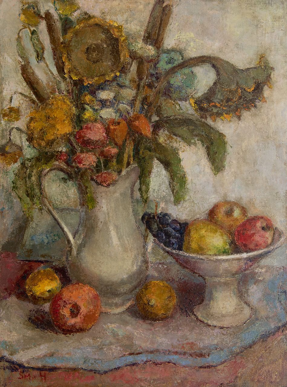 Sientje Mesdag-van Houten | Stillleben mit Sonnenblumen und Früchten, Öl auf Leinwand, 80,7 x 60,2 cm, Unterzeichnet u.l. und niet ingelijst