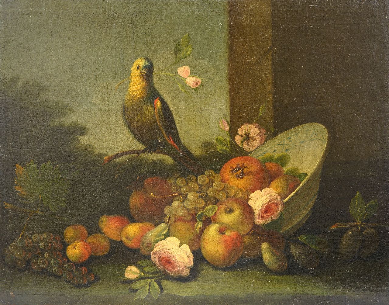 Europese School, 18e eeuw   | Europese School, 18e eeuw | Gemälde zum Verkauf angeboten | Früchtestillleben mit Papagei, Öl auf Leinwand 62,4 x 78,4 cm