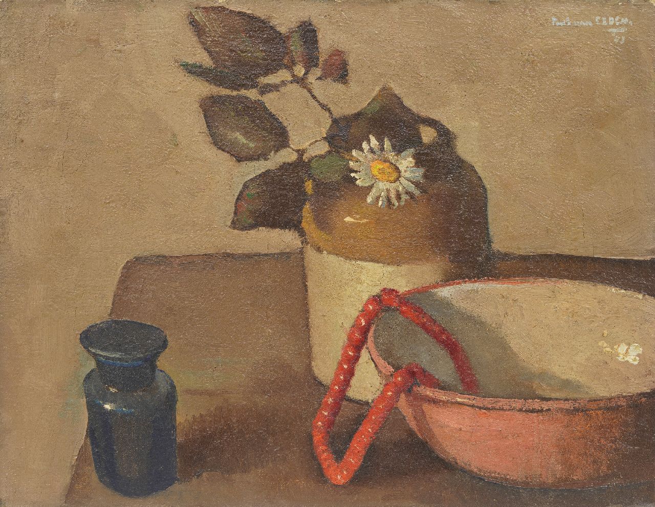 Eeden P. van | Paul van Eeden | Gemälde zum Verkauf angeboten | Stillleben mit Gänseblümchen und rote Halskette, Öl auf Leinwand 36,2 x 46,4 cm, Unterzeichnet o.r. und datiert '43
