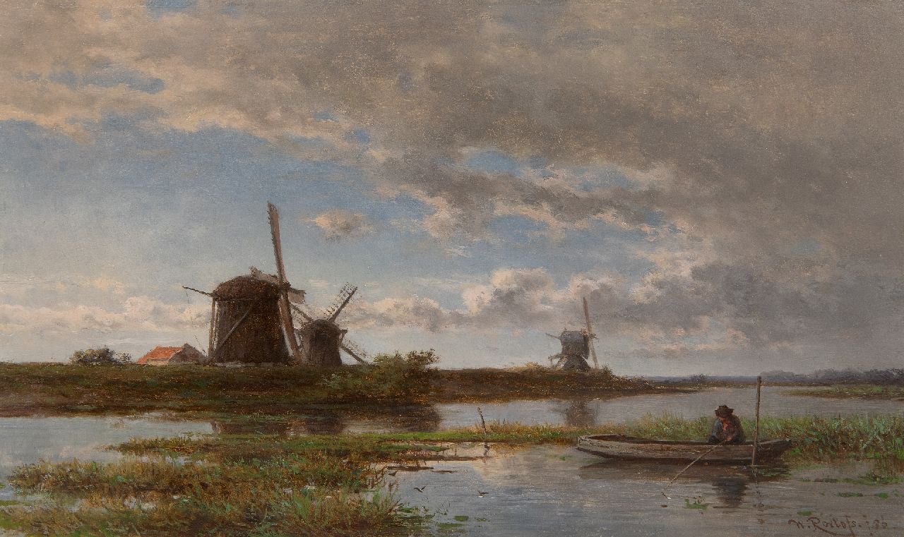 Roelofs W.  | Willem Roelofs | Gemälde zum Verkauf angeboten | Polderlandschaft mit Windmühlen und einem Angler, Öl auf Holz 24,3 x 40,4 cm, Unterzeichnet u.r. und datiert '56