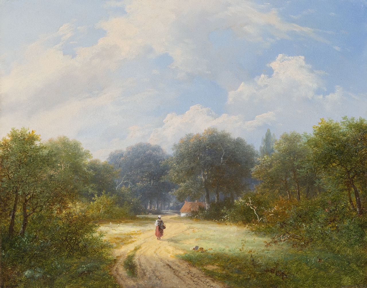 Koekkoek P.H.  | Pieter Hendrik 'H.P.' Koekkoek, Sommerlandschaft mit Wanderer, Öl auf Holz 26,1 x 33,0 cm, Unterzeichnet M.u.