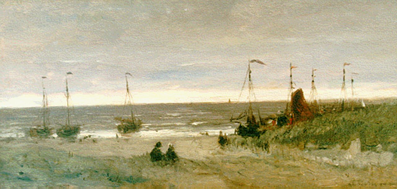 Mesdag H.W.  | Hendrik Willem Mesdag, Doorkijkje vanaf de duinen op het strand met bomschuiten, Öl auf Holz 12,6 x 26,0 cm, gesigneerd vaag