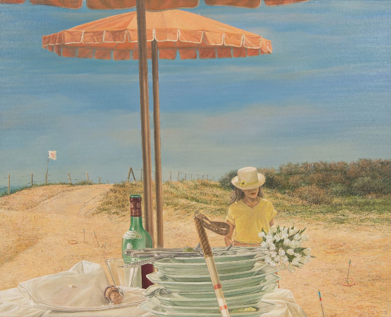 Kroef H. van der | Hans van der Kroef | Gemälde zum Verkauf angeboten | 'Boeketreeks', Öl auf Leinwand 60,3 x 75,0 cm, Unterzeichnet auf dem Weinflaschenetikett und datiert '89