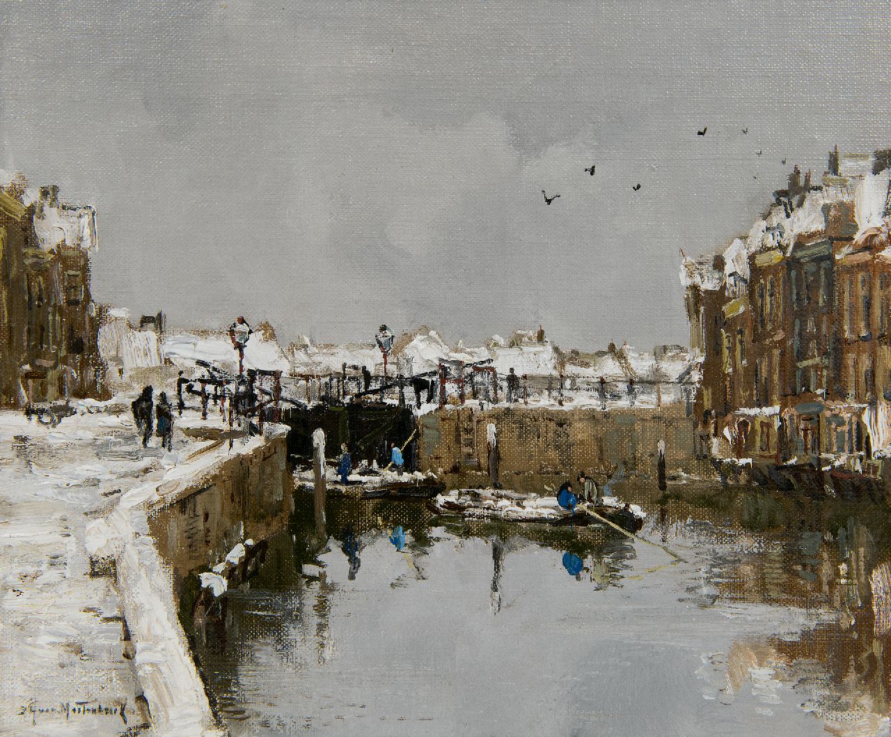 Mastenbroek J.H. van | Johan Hendrik van Mastenbroek, Sluisje bij winter (Sperren im Winter), Öl auf Leinwand auf Holz 24,3 x 27,4 cm, Unterzeichnet u.l.