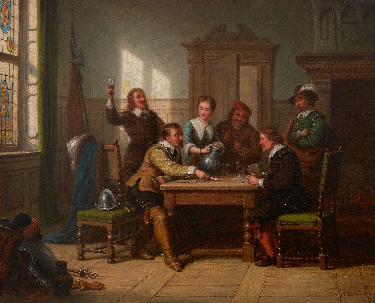 Scheerboom A.  | Andries Scheerboom | Gemälde zum Verkauf angeboten | Trinkende Soldaten am Kartenspiel, Öl auf Leinwand 43,7 x 54,1 cm, Unterzeichnet u.r. und ohne Rahmen