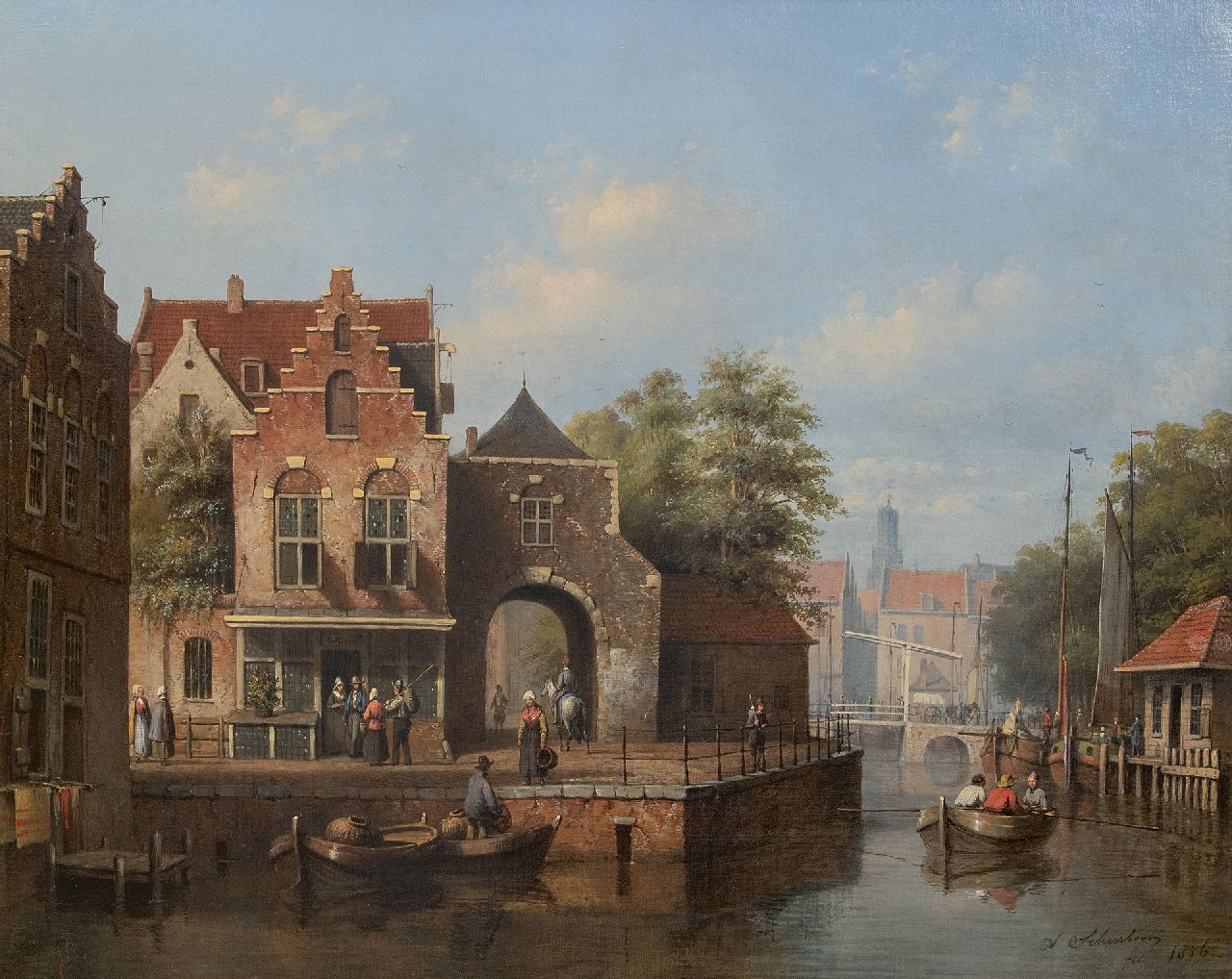 Scheerboom A.  | Andries Scheerboom | Gemälde zum Verkauf angeboten | Tägliche Aktivitäten in einer niederländischen Stadt, Öl auf Leinwand 53,5 x 66,6 cm, Unterzeichnet u.r. und datiert 1856