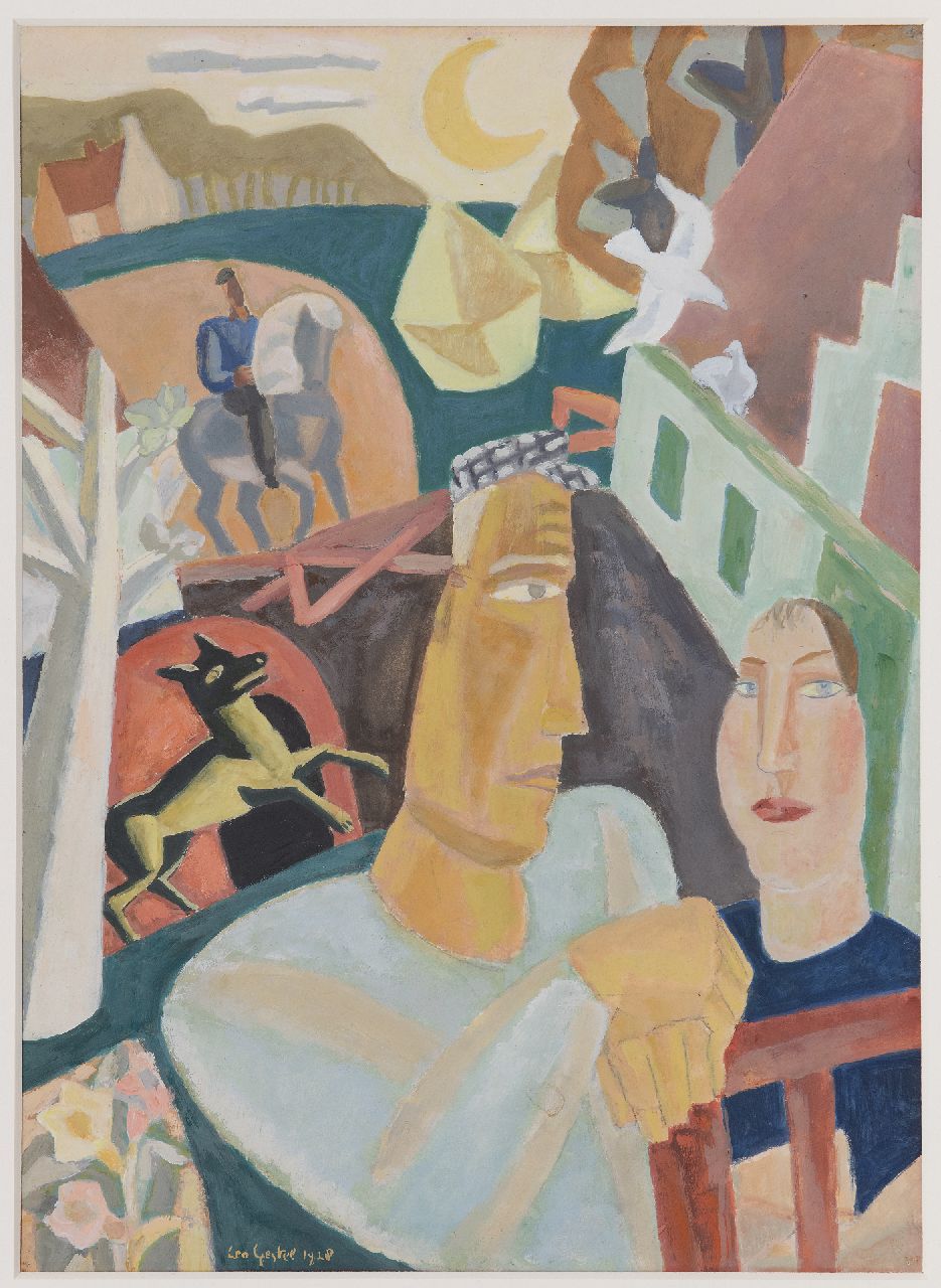 Gestel L.  | Leendert 'Leo' Gestel, Mann und Frau mit einem Reiter im Hintergrund, Gouache auf Papier 37,2 x 27,0 cm, Unterzeichnet u.l. und datiert 1928