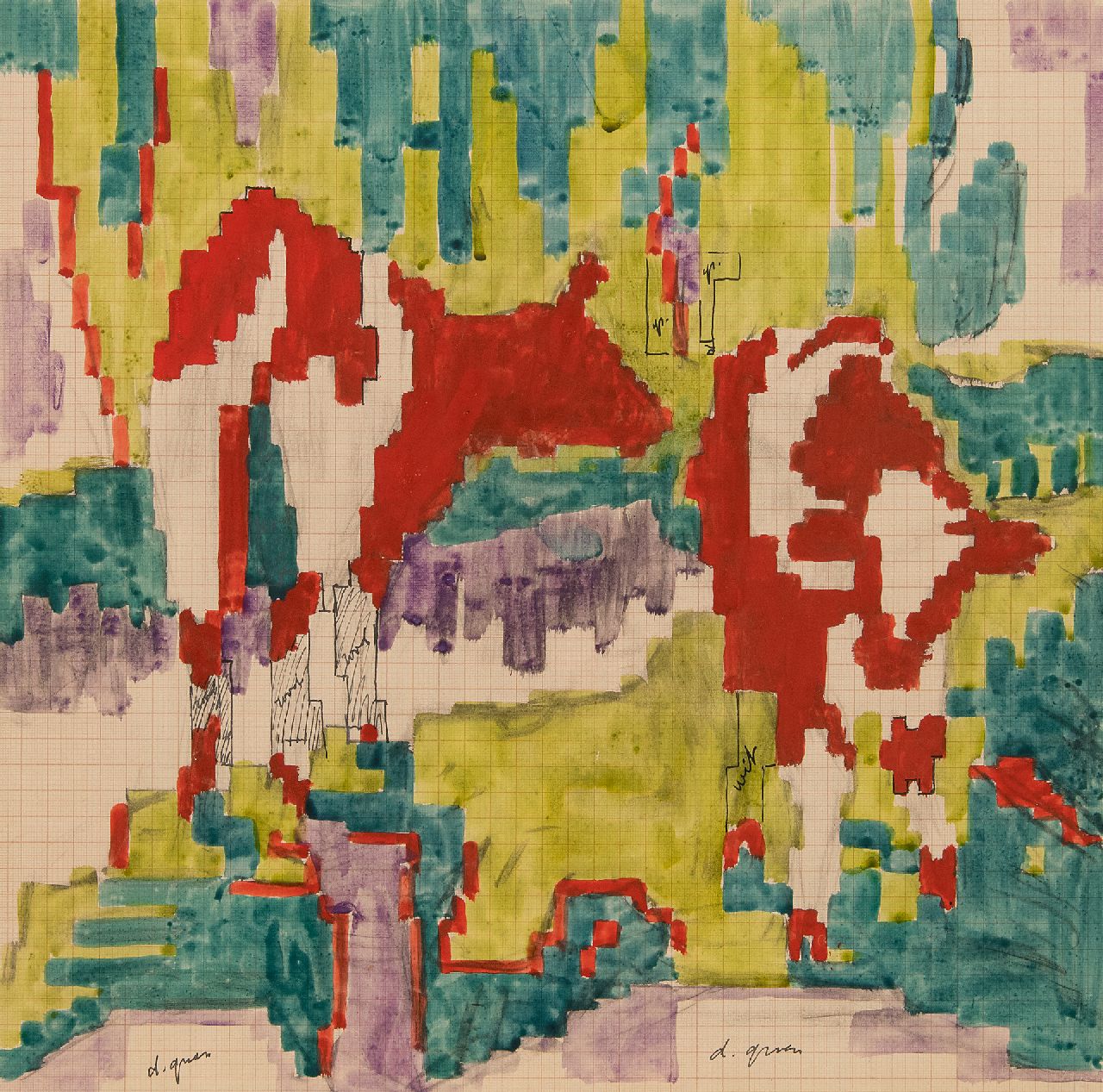 Altink J.  | Jan Altink | Aquarelle und Zeichnungen zum Verkauf angeboten | Entwurf für einen Wandteppich: Zwei Kühe, Tinte und Aquarell auf Papier 45,3 x 42,8 cm