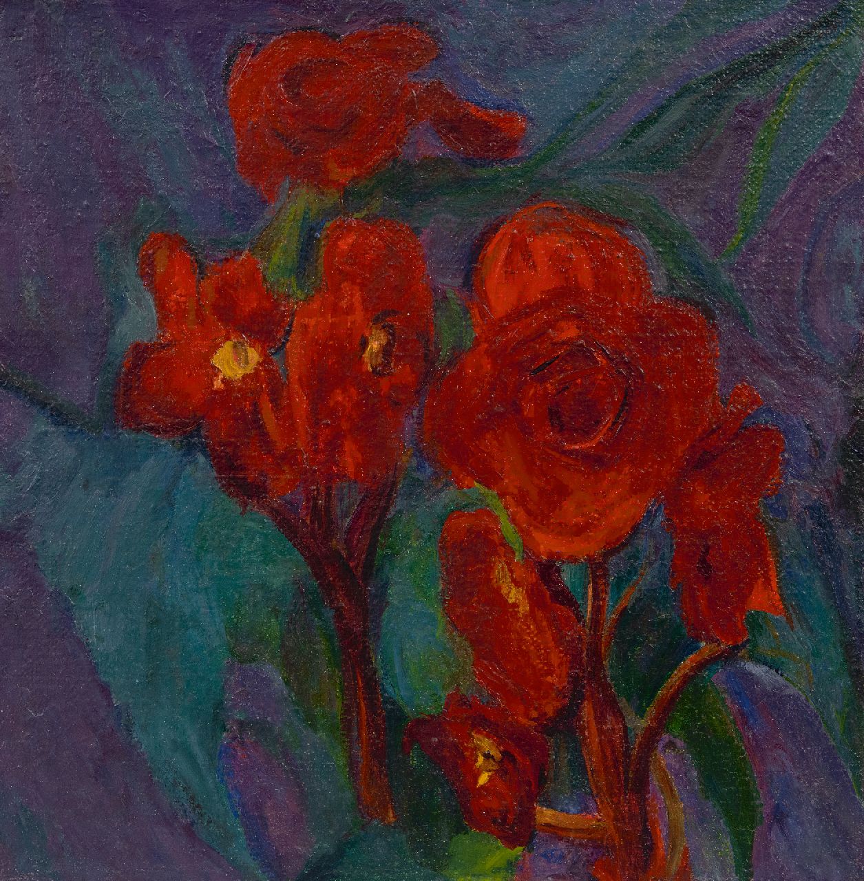 Dijkstra J.  | Johannes 'Johan' Dijkstra | Gemälde zum Verkauf angeboten | Rote Blumen, Öl auf Leinwand 36,0 x 35,8 cm, Unterzeichnet auf dem Keilrahmen