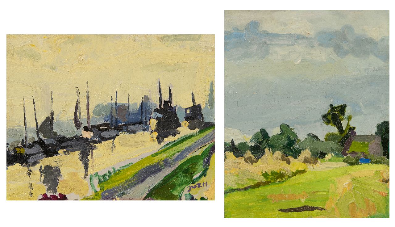 Zee J. van der | Jan van der Zee | Gemälde zum Verkauf angeboten | Schiffe im Damsterdiep; im Verso: Sommerlandschaft, Öl auf Holz 24,4 x 30,5 cm, Unterzeichnet u.r.