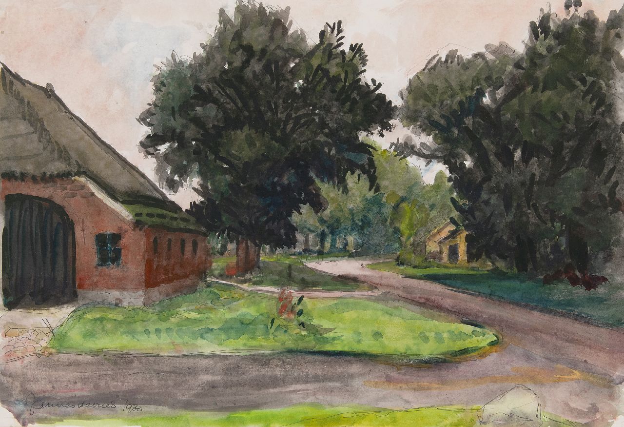 Vries J. de | Jannes de Vries | Aquarelle und Zeichnungen zum Verkauf angeboten | Bauernhof in Drenthe, Feder und Tinte und Aquarell auf Papier 41,6 x 60,1 cm, Unterzeichnet u.l. und datiert 1980