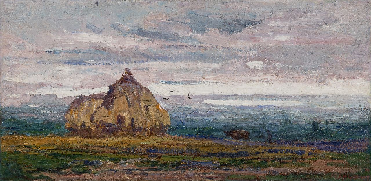 Gouwe A.H.  | Adriaan Herman Gouwe, Panoramalandschaft mit Heuhaufen, Öl auf Leinwand 22,3 x 45,5 cm, Unterzeichnet u.r. und datiert '14