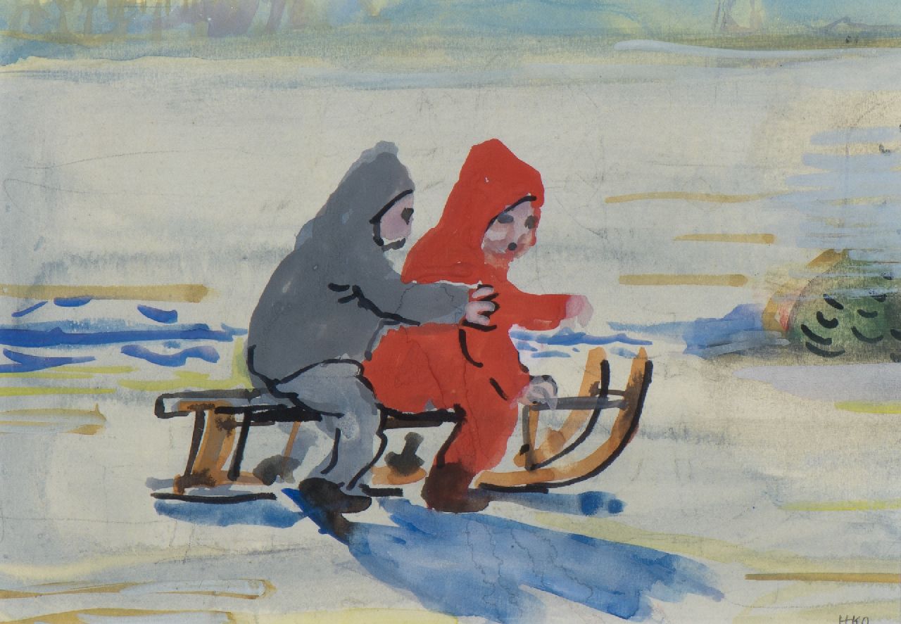 Kamerlingh Onnes H.H. | 'Harm' Henrick Kamerlingh Onnes | Aquarelle und Zeichnungen zum Verkauf angeboten | Zwei Kinder auf einem Schlitten, Aquarell und Gouache auf Papier 14,0 x 20,0 cm, Unterzeichnet u.r. Kamerlingh Onnes H.H. | 'Harm' Henrick Kamerlingh Onnes | Aquarelle und Zeichnungen zum Verkauf angeboten | Zwei Kinder auf einem Schlitten, Aquarell und Gouache auf Papier 14,0 x 20,0 cm, Unterzeichnet u.r.