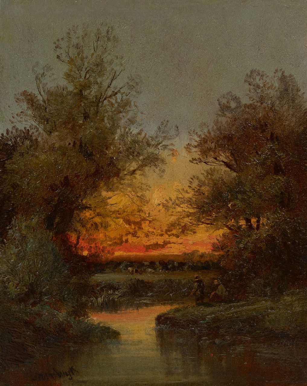 Henri van Wijk | Fischer bei Sonnenuntergang, Öl auf Holz, 24,2 x 19,0 cm, Unterzeichnet u.l. und ohne Rahmen