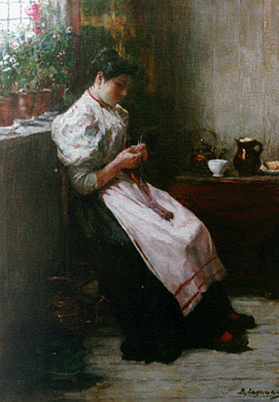 Lopes de Leao Laguna B.  | Baruch  Lopes de Leao Laguna, Interior with woman knitting, Öl auf Leinwand 56,5 x 39,9 cm, signed l.r.