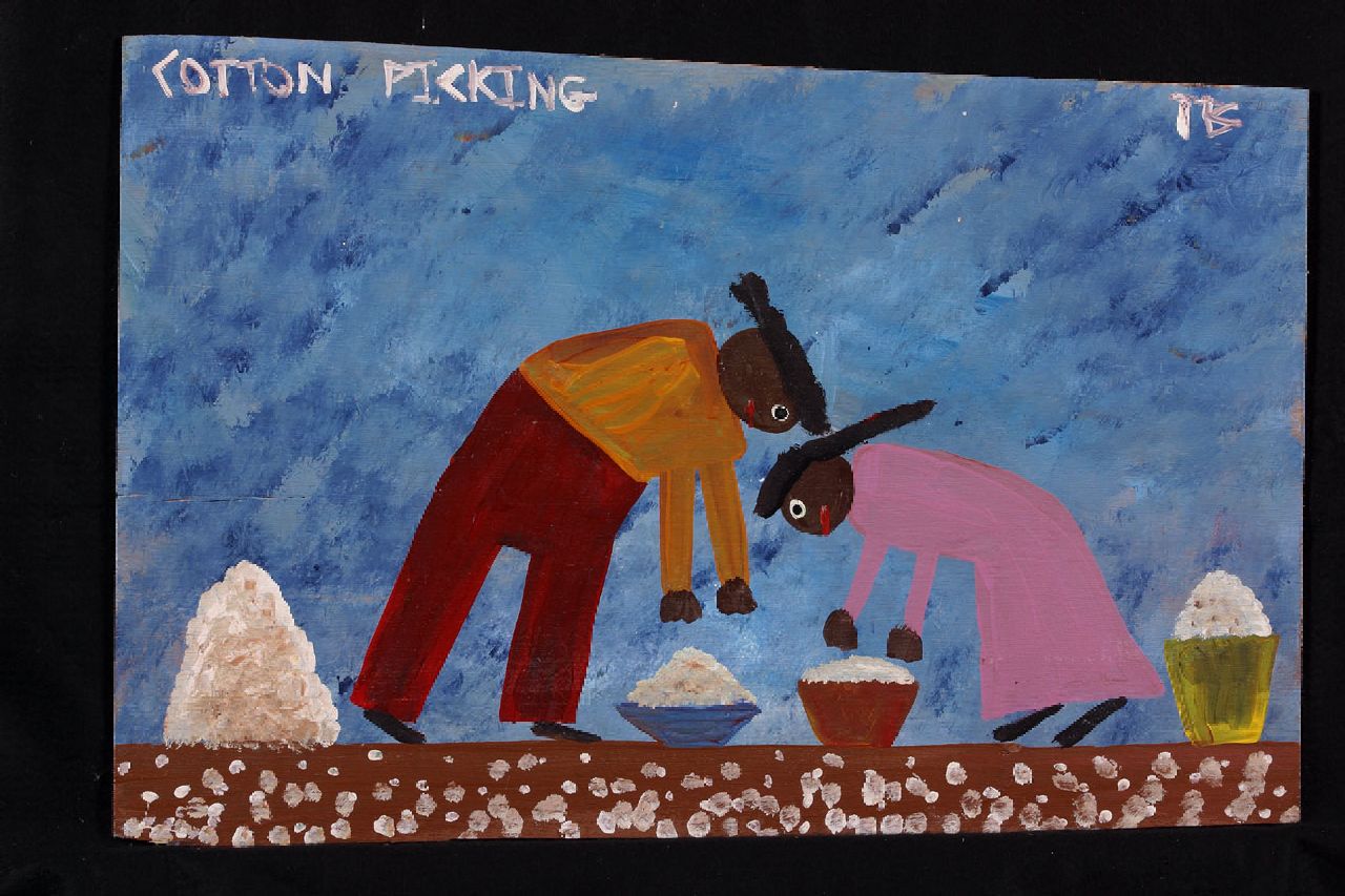 Brown T.  | Timothy 'Tim' Brown, Cotton picking, Acryl auf Holz 37,0 x 55,0 cm, Unterzeichnet o.r. mit Initialen