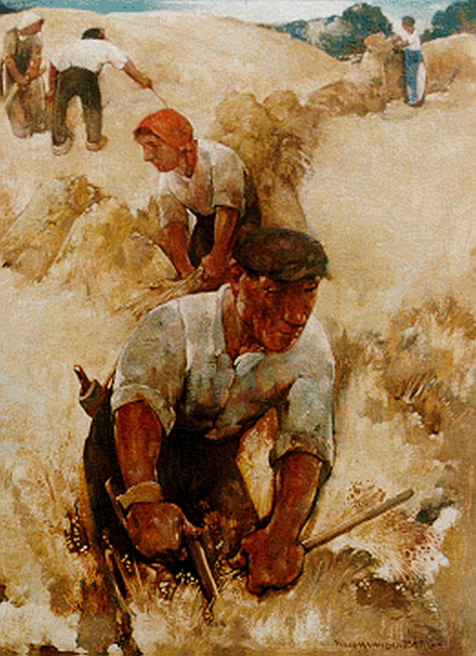 Berg W.H. van den | 'Willem' Hendrik van den Berg, Harvesting farmers, 39,8 x 29,8 cm, signed l.r.