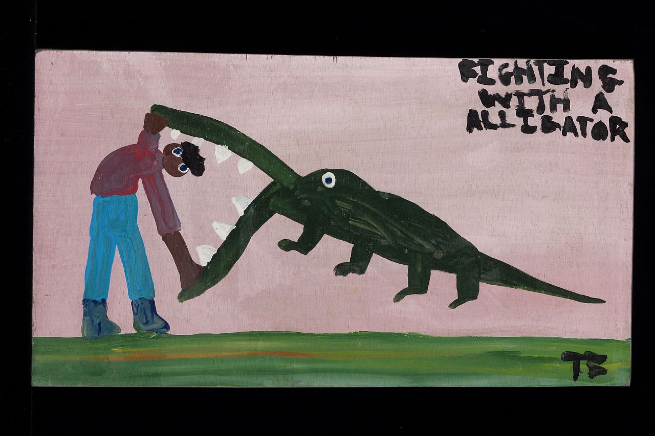 Brown T.  | Timothy 'Tim' Brown, Fighting with a alligator, Acryl auf Holz 28,0 x 51,0 cm, Unterzeichnet u.r. mit Initialen
