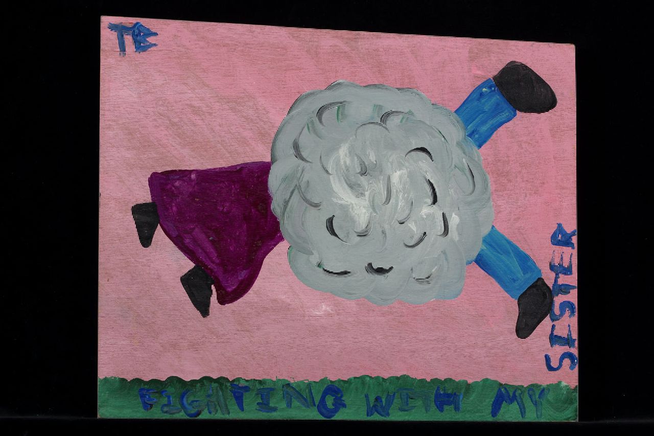 Brown T.  | Timothy 'Tim' Brown, Fighting with my sister, Acryl auf Holz 36,0 x 44,0 cm, Unterzeichnet o.l. mit Initialen