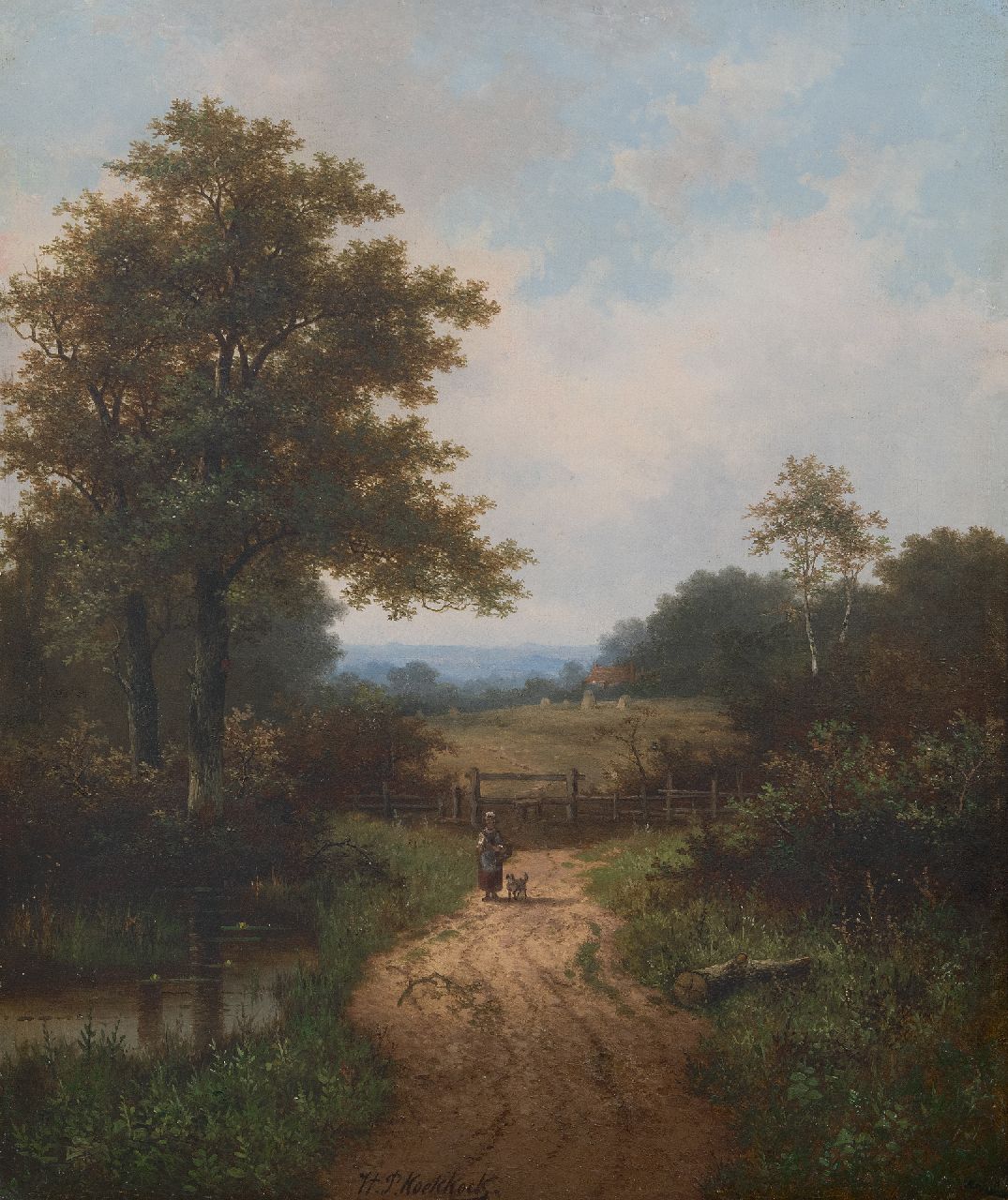 Koekkoek P.H.  | Pieter Hendrik 'H.P.' Koekkoek, Bäuerin und Hund auf bewaldeter Landweg, Öl auf Leinwand 61,0 x 50,7 cm, Unterzeichnet u.M.
