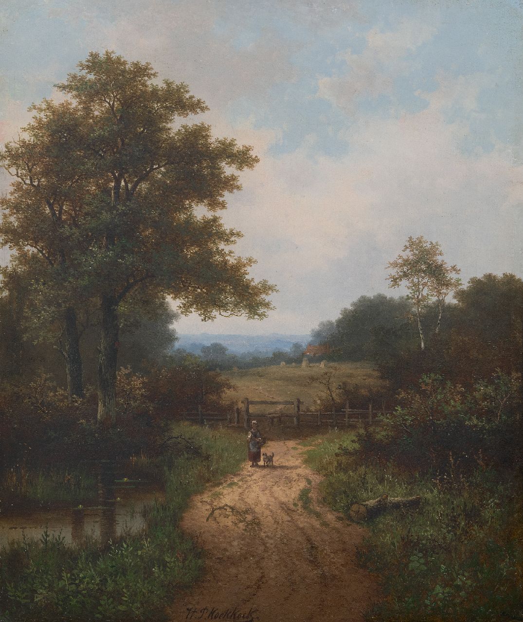 Koekkoek P.H.  | Pieter Hendrik 'H.P.' Koekkoek | Gemälde zum Verkauf angeboten | Bäuerin und Hund auf bewaldeter Landweg, Öl auf Leinwand 61,0 x 50,7 cm, Unterzeichnet u.M.