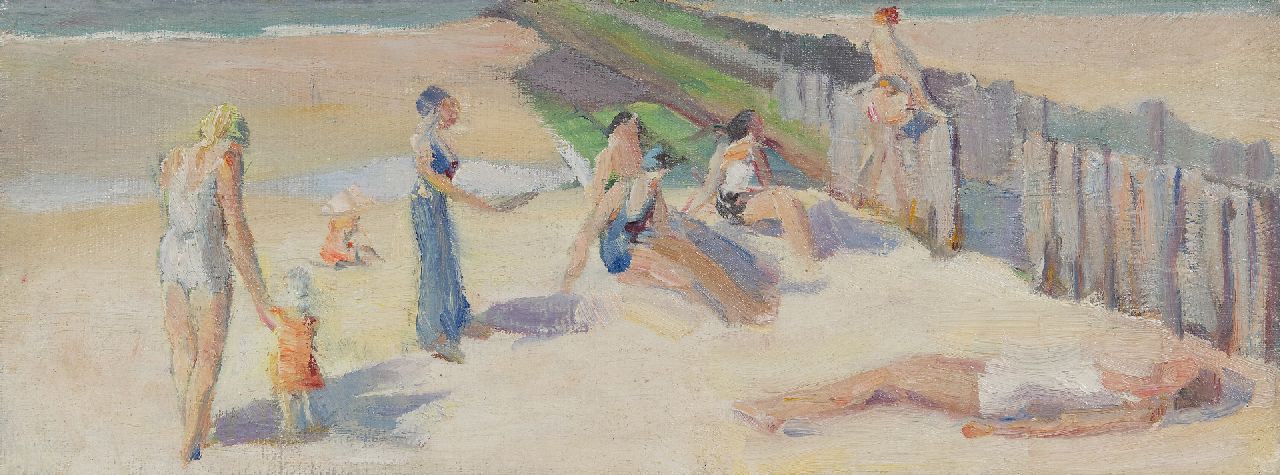 Ewoud de Kat | Sonnenbaden am Strand, Zeeland, Öl auf Leinwand, 13,5 x 35,3 cm