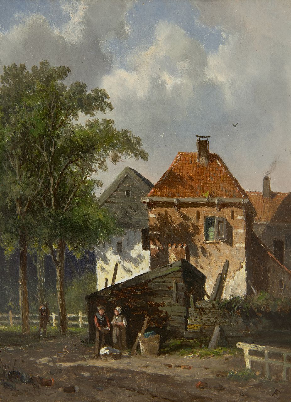Eversen A.  | Adrianus Eversen, Sommerlicher Blick in einem Dorf, Öl auf Holz 27,0 x 20,0 cm, Unterzeichnet u.r. mit Monogramm