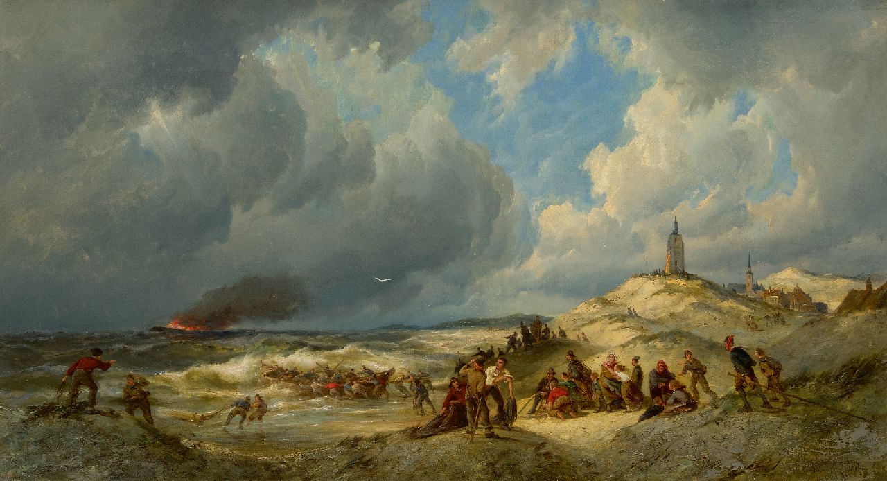 Dommershuijzen P.C.  | Pieter Cornelis Dommershuijzen, Schiffbruch vom Englische Schiff  P. Nicolas - alias Die Olieman - bei Zandvoort    Schiffbruch vor der Küste von Zandvoort, Öl auf Leinwand 57,0 x 102,0 cm, Unterzeichnet u.r. und datiert 1881