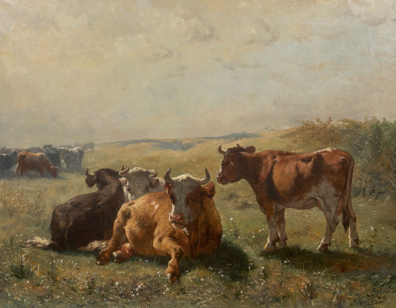 Haas J.H.L. de | Johannes Hubertus Leonardus de Haas, Sommerlandschaft mit Vieh, Öl auf Leinwand 69,5 x 89,7 cm, Unterzeichnet u.r.