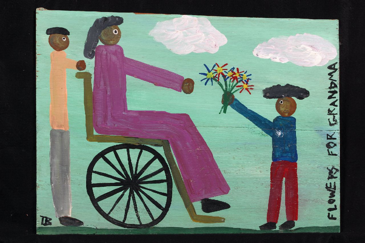 Brown T.  | Timothy 'Tim' Brown, Flowers for grandma, Acryl auf Holz, Unterzeichnet u.l. mit Initialen