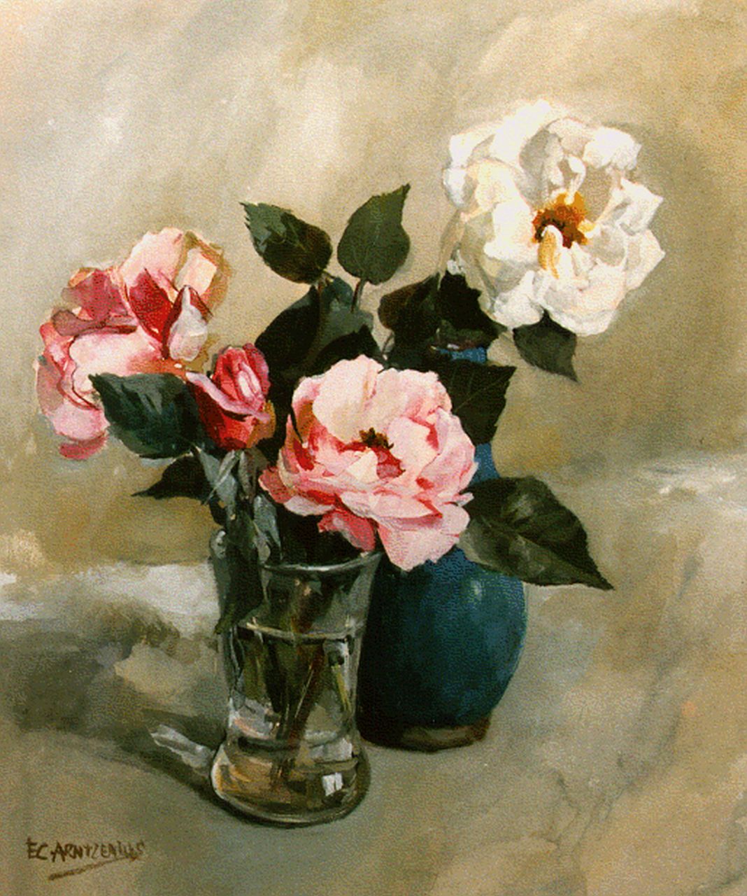 Arntzenius E.C.  | Elise Claudine Arntzenius, A still life with pink and white roses, Aquarell auf Papier 40,0 x 34,2 cm, signed l.l.