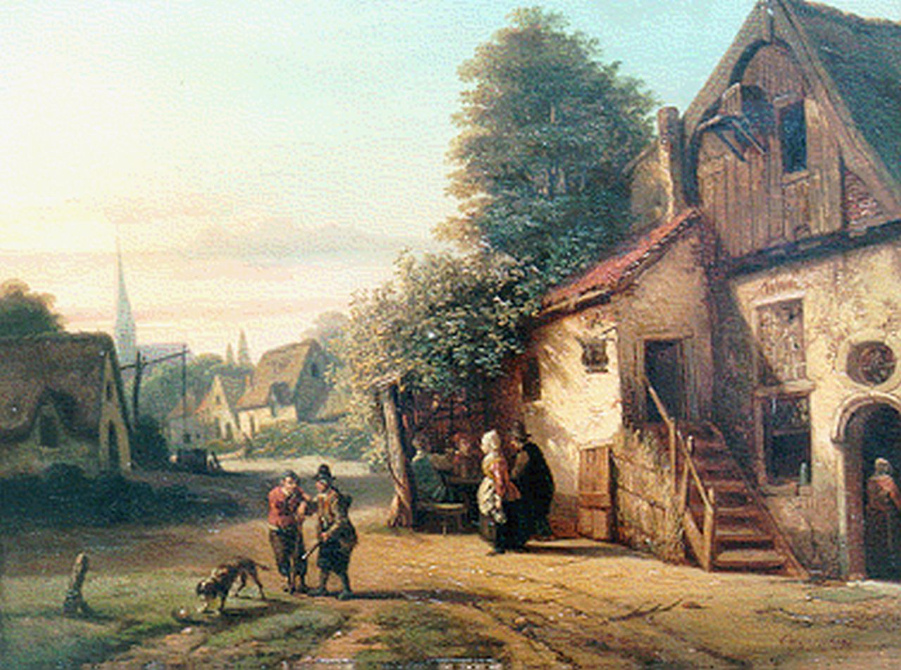 Henri Joseph Gommarus Carpentero | Travellers by an inn, Öl auf Holz, 25,4 x 34,8 cm, signed l.r.