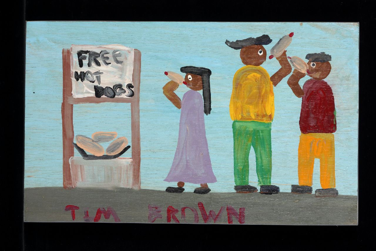 Brown T.  | Timothy 'Tim' Brown, Free hotdogs, Acryl auf Holz 27,0 x 44,0 cm, Unterzeichnet u.M.