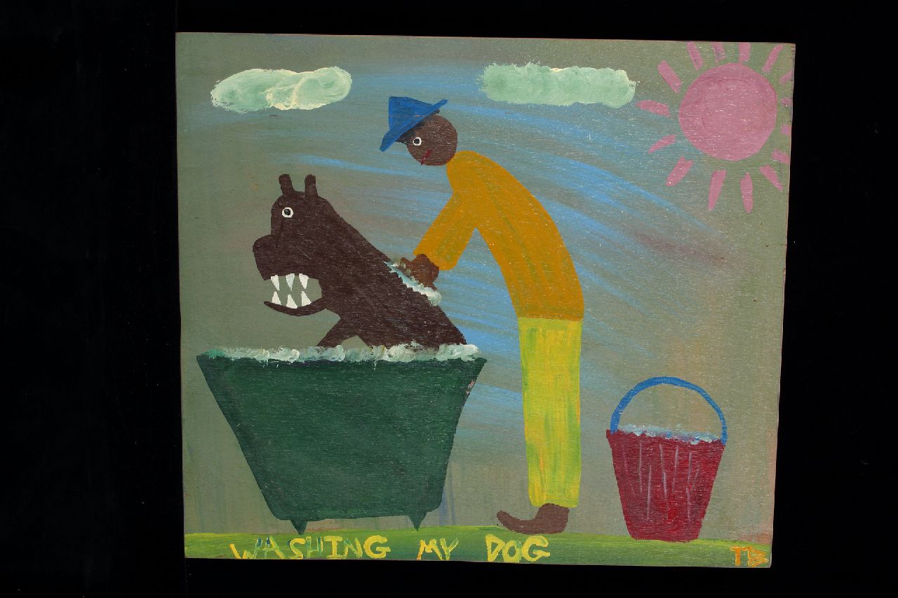 Brown T.  | Timothy 'Tim' Brown, Washing my dog, Acryl auf Holz 47,0 x 55,0 cm, Unterzeichnet u.r. mit Initialen
