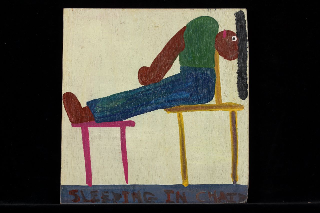 Brown T.  | Timothy 'Tim' Brown, Sleeping in chair, Acryl auf Holz 38,0 x 37,0 cm