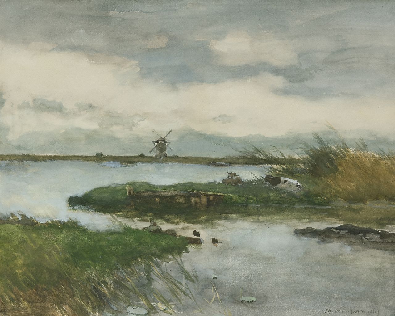 Weissenbruch H.J.  | Hendrik Johannes 'J.H.' Weissenbruch, Ruhenden Kühen bei der Nieuwkoopse Plassen, Aquarell und Gouache auf Papier 47,2 x 59,2 cm, Unterzeichnet u.r.