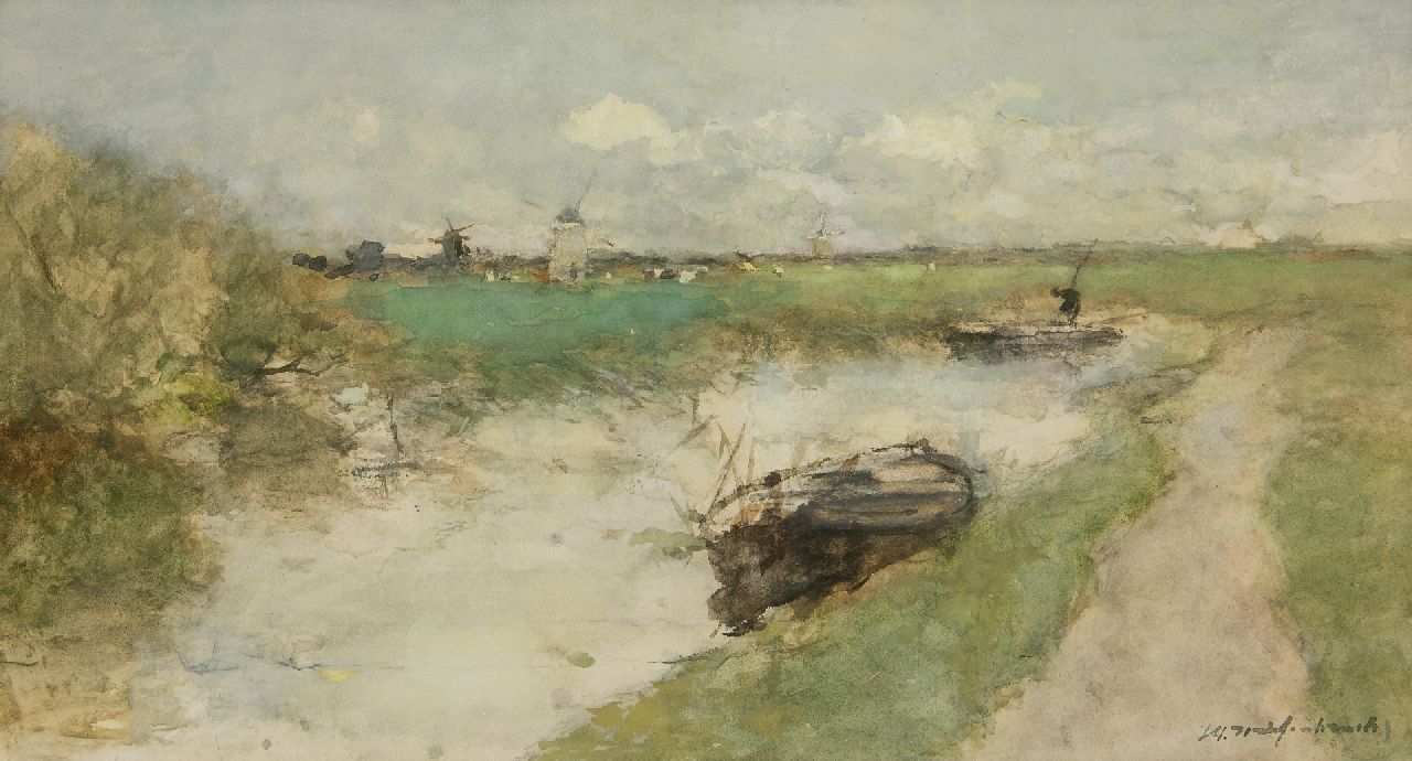 Weissenbruch H.J.  | Hendrik Johannes 'J.H.' Weissenbruch, Polderfahrt mit Kähnen, Aquarell auf Papier 30,0 x 54,6 cm, Unterzeichnet u.r.