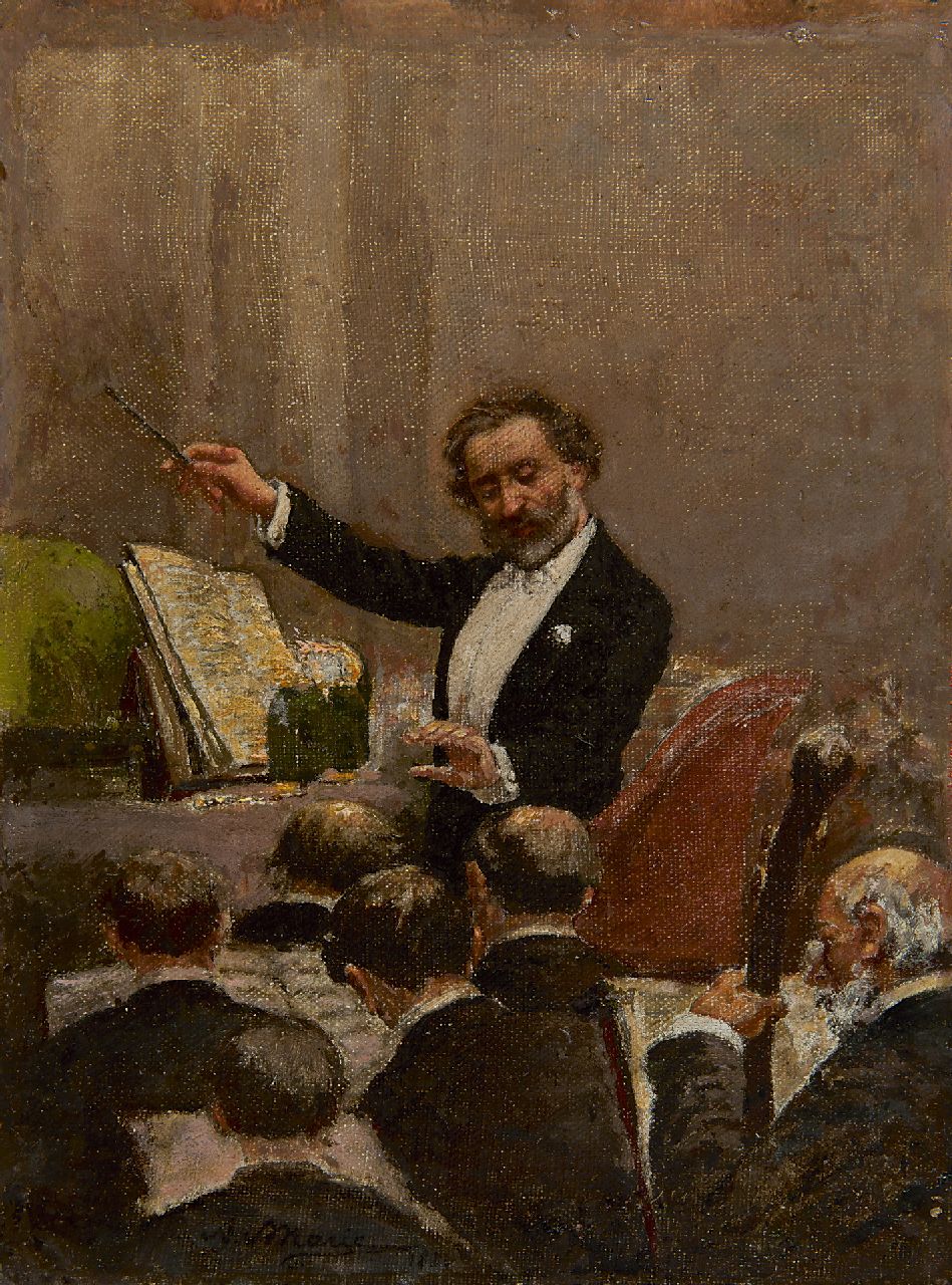 Adrien-Emmanuel Marie | Giuseppe Verdi conducts the opera orchestra at the first performance of Aïda in Paris, 1880, Öl auf Leinwand, 29,8 x 22,5 cm, Unterzeichnet C.l. und datiert 1880
